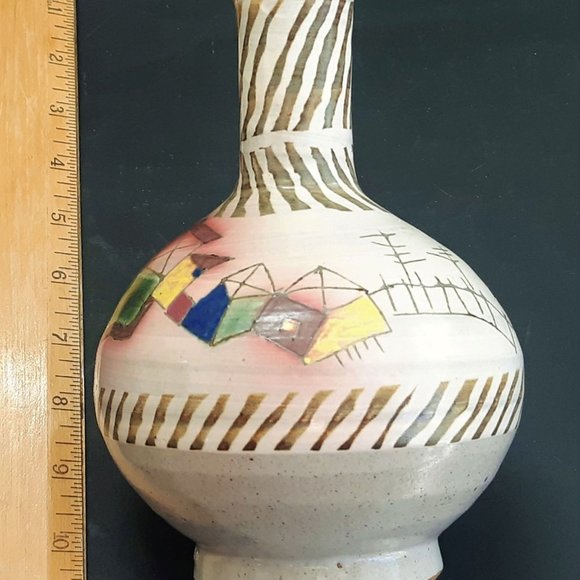 VTG Art Pottery Vase Abstract Hand Painted Pastel Colors Rare Signed - Picture 10 of 10